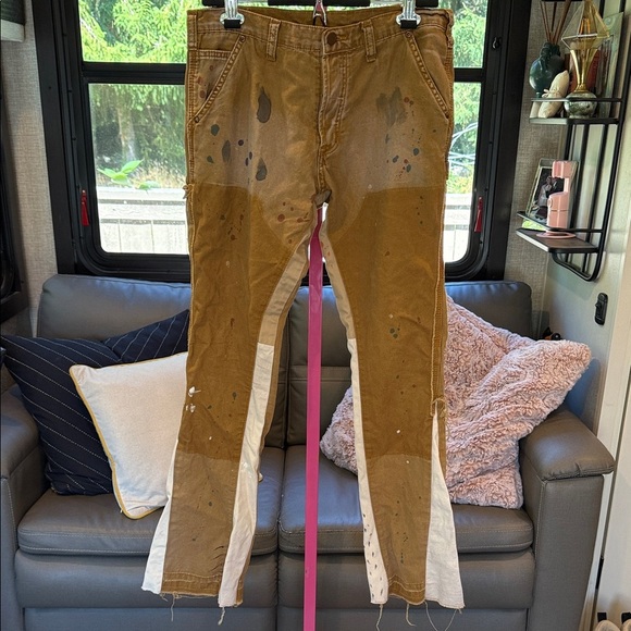 MNML Brown Paint-Splattered Pants with Patchwork petite size 30 - Picture 1 of 7